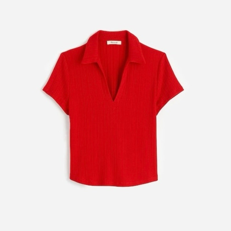 Nwt Madewell Ribbed V-Neck Cap Sleeve Stretch Polo Tee In Festival Red Size Xxs